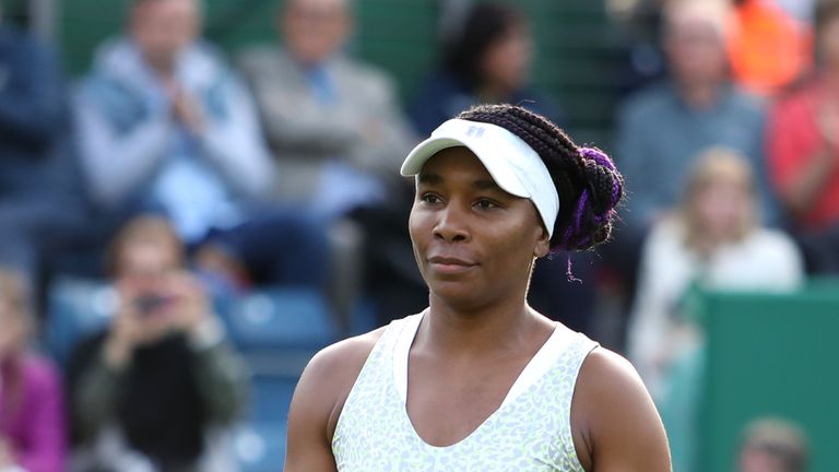 Venus Williams is focused during day one of the Nature Valley Classic at Edgbaston Priory Club on June 17, 2019 in Birmingham, United Kingdom.