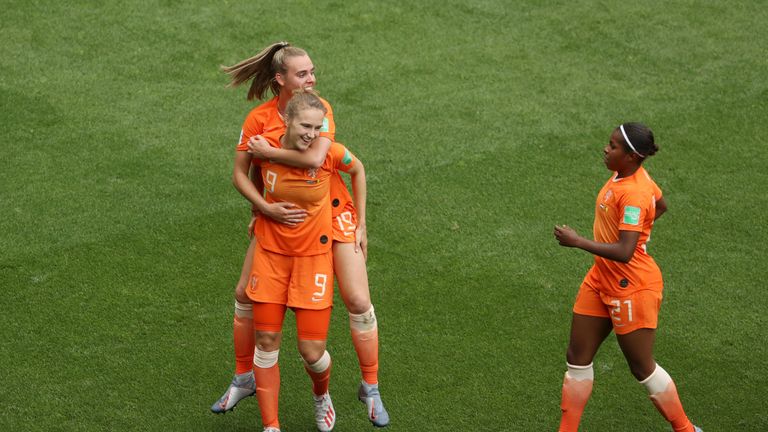Vivianne Miedema is congratulated after becoming the all-time top scorer for the Netherlands