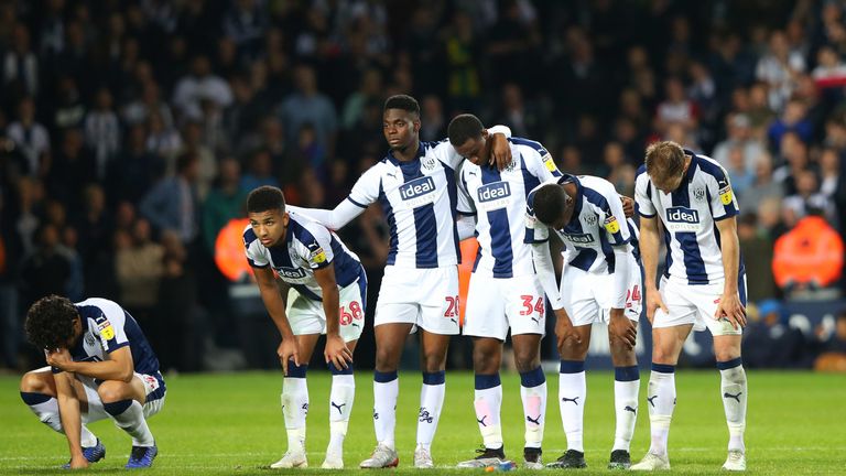 West Brom's players after losing on penalties to Aston Villa in the Championship play-off semi-final last season