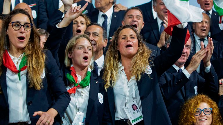 Members of the Milan/Cortina d'Ampezzo delegation celebrate the IOC decision

2026 Winter Olympics candidate city cekl