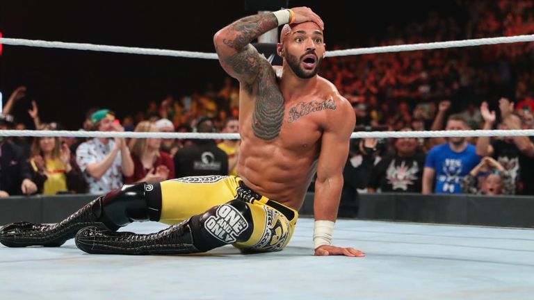 Ricochet looks amazed after his match with Samoa Joe at WWE Stomping Grounds