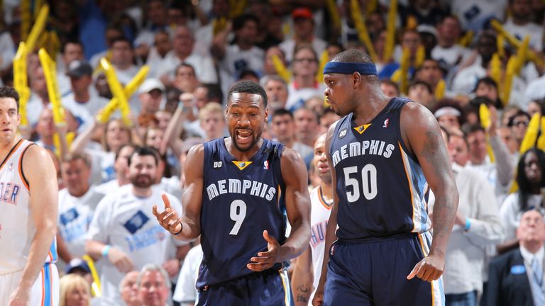 Tony Allen #9 of the Memphis Grizzlies shares a word with teammate Zach Randolph #50 in Game Five of the Western Conference Semifinals against the Oklahoma City Thunder during the 2013 NBA Playoffs on May 15, 2013 at the Chesapeake Energy Arena in Oklahoma City, Oklahoma.
