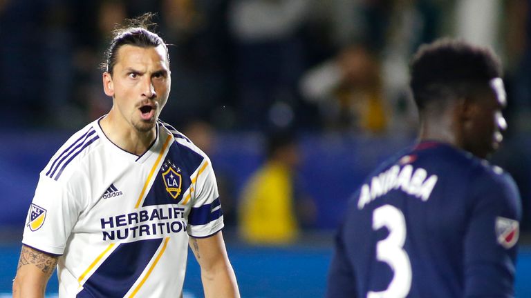 Zlatan Ibrahimovic celebrates his bicycle kick against the New England Revolution