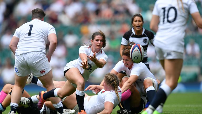 Zoe Harrison of England releases a pass during the England Women v Barbarian Women match at Twickenham Stadium on June 02, 2019 in London, England