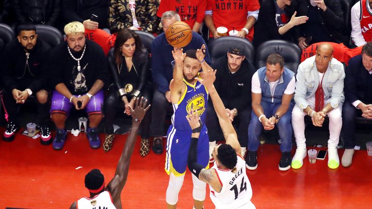 Stephen Curry fires a three-pointer in Game 5 of the NBA Finals