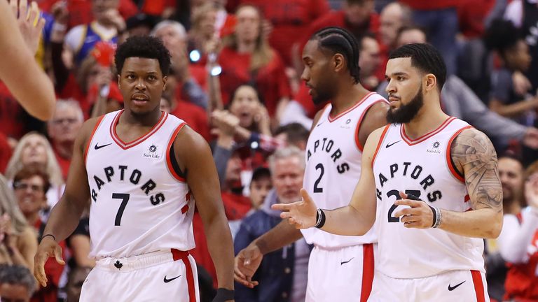 The Toronto Raptors (L-R: Kyle Lowry, Kawhi Leonard and Fred VanVleet) react with disappointment after their Game 2 loss