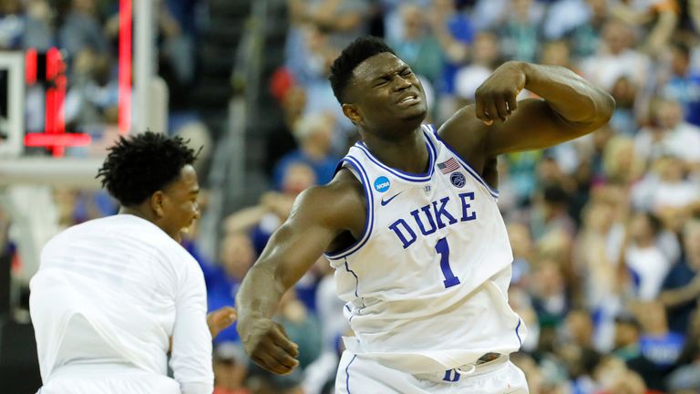 Zion Williamson celebrates after scoring for Duke