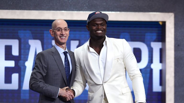 Zion Williamson shakes hands with Adam Silver after being selected first in the 2019 NBA Draft