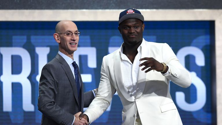 Zion Williamson reacts after being selected first in the 2019 NBA Draft