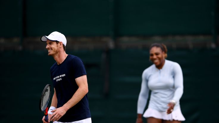 Andy Murray and Serena Williams practice during a training session for the mixed doubles at Wimbledon
