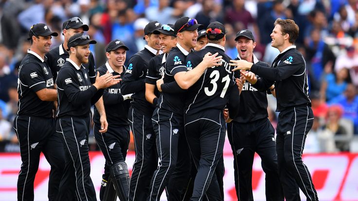 New Zealand celebrate the run out of MS Dhoni during the World Cup semi-final against India at Old Trafford