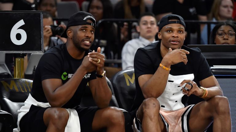 Chris Paul and Russell Westbrook pictured together at a WNBA game