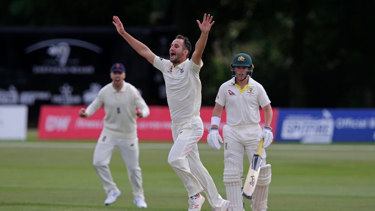 Lewis Gregory celebrates a wicket for England Lions against Australia A