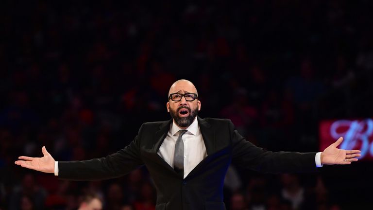 Knicks head coach David Fizdale questions a call