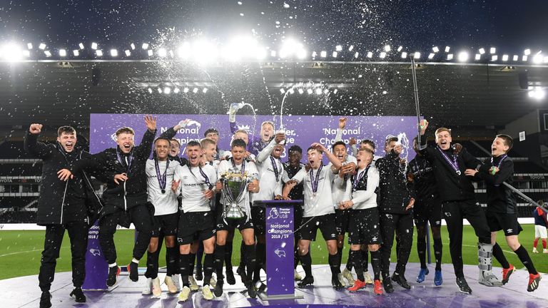 Derby players celebrate after beating Arsenal in the U18 Premier League Play Off at Pride Park on May 7, 2019 in Derby, England.