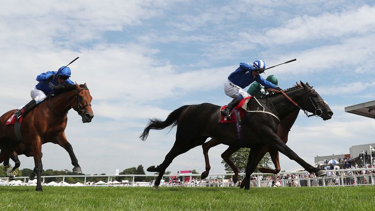 Elarqam ridden by Jim Crowley (right) on their way to victory in the Davies Insurance Services Gala Stakes during Ladies Day of the Coral Summer Festival at Sandown Park Racecourse, Esher. PRESS ASSOCIATION Photo. Picture date: Friday July 5, 2019. See PA story RACING Sandown. Photo credit should read: David Davies/PA Wire.