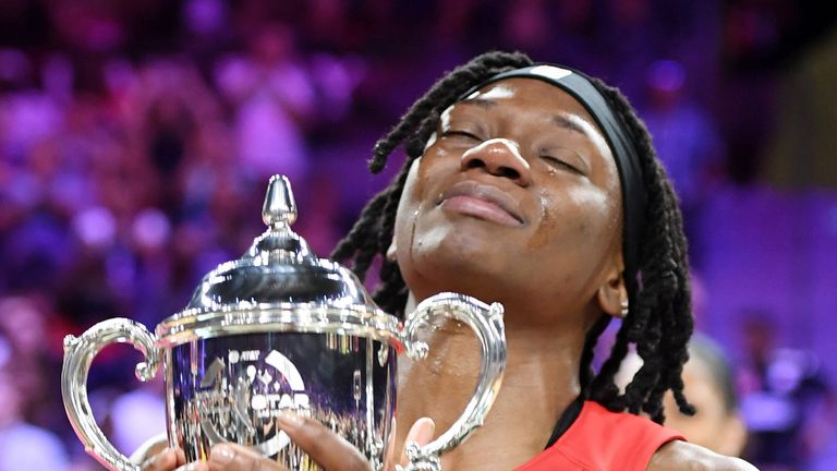 Erica Wheeler celebrates after receiving her MVP trophy at the 2019 WNBA All-Star Game