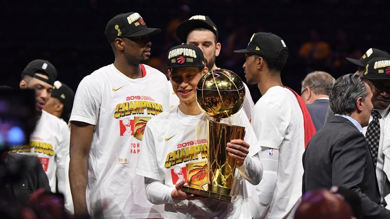 Jeremy Lin celebrates the Toronto Raptors' NBA title win