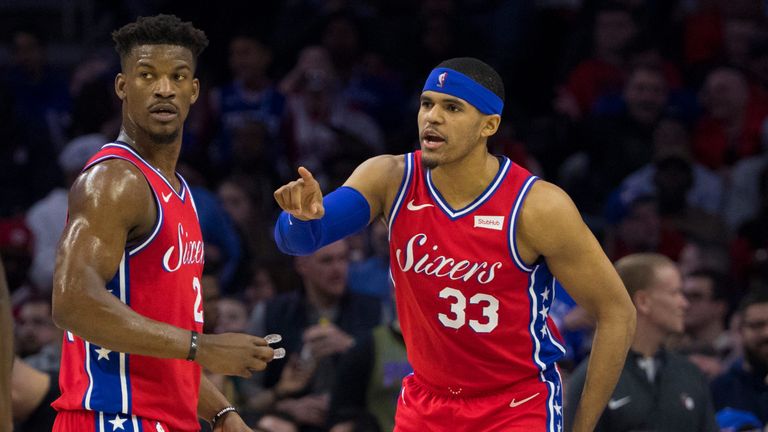 Jimmy Butler and Tobias Harris in action for the 76ers during the playoffs