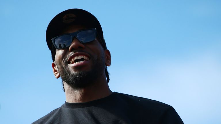 Kawhi Leonard in a celebratory mood during the Toronto Raptors&#39; victory parade