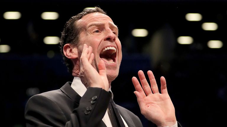 Head coach Kenny Atkinson issues instructions to his Nets players