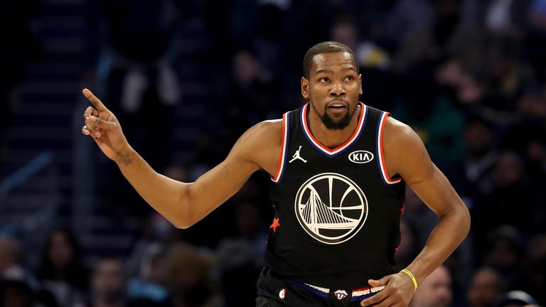 Kevin Durant celebrates a basket during the 2019 All-Star Game