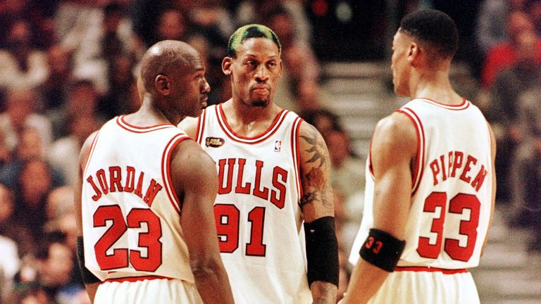 The Bulls big three of Jordan, Rodman and Pippen pictured in the 1998 NBA Finals