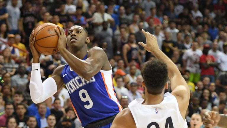 RJ Barrett lofts a shot during his Summer League debut against the New Orleans Pelicans