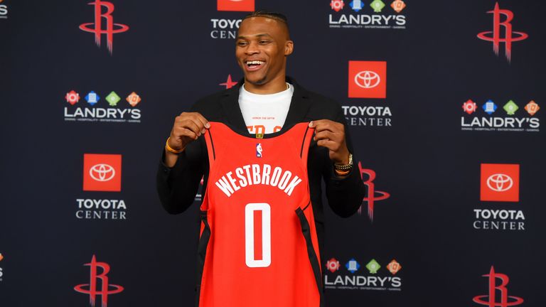 Russell Westbrook is introduced as a member of the Houston Rockets