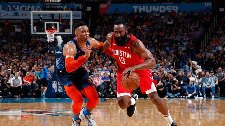 James Harden drives against Russell Westbrook in a Thunder-Rockets regular season game