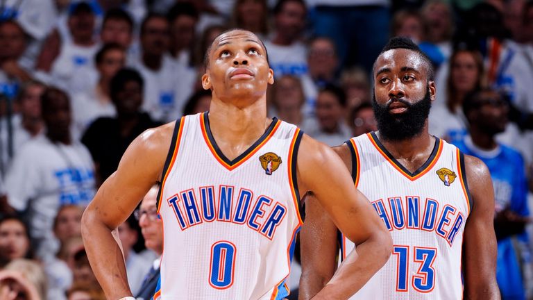 Russell Westbrook and James Harden in action for the Oklahoma City Thunder