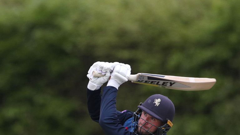Alex Blake of Kent hits a six on his way to a half century during the tour match between Kent and Pakistan on April 27, 2019 at the County Ground, Beckenham, England. (Photo by Sarah Ansell/Getty Images). *** Local Caption *** Alex Blake 