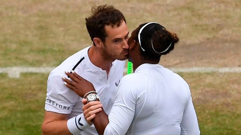 Britain's Andy Murray (L) and US player Serena Williams (R) celebrate beating France's Fabrice Martin and US player Raquel Atawo during their mixed doubles second round match on day eight of the 2019 Wimbledon Championships at The All England Lawn Tennis Club in Wimbledon, southwest London, on July 9, 2019