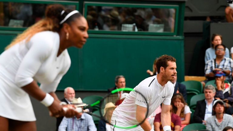 Andy Murray of Great Britain and Serena Williams of The United States celebrate during their Mixed Doubles first round match against Andreas Mies of Germany and Alexa Guarachi of Chile during Day six of The Championships - Wimbledon 2019 at All England Lawn Tennis and Croquet Club on July 06, 2019 in London, England.