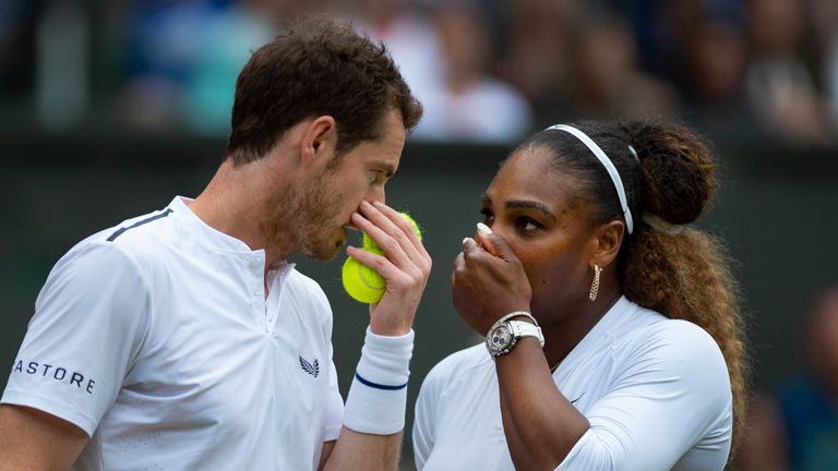 Andy Murray of Great Britain and Serena Williams of USA during their mixed doubles match against Andreas Mies of Germany and Alexa Guarachi of Chile on Day Six of The Championships - Wimbledon 2019 at All England Lawn Tennis and Croquet Club on July 6, 2019 in London, England