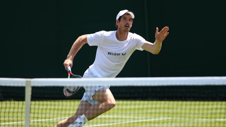 Andy Murray training on court at Wimbledon