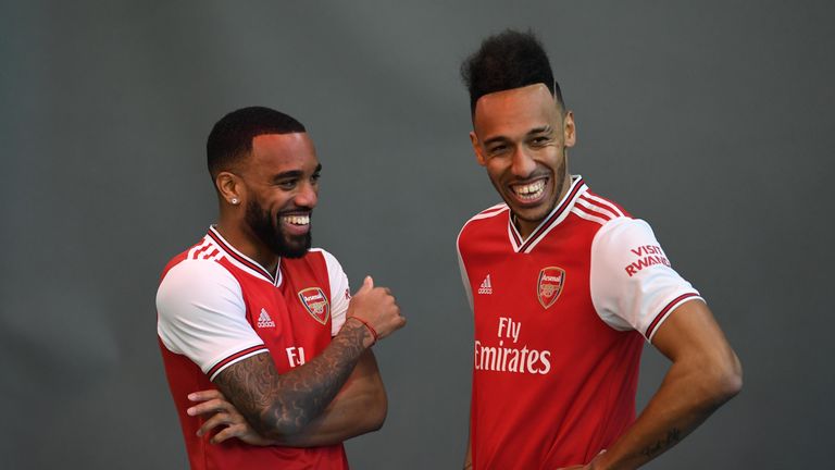 Alexandre Lacazette and Pierre-Emerick Aubameyang (Arsenal). Adidas New 2019-20 Kit Shoot. Club Day. Arsenal Training Ground, London Colney, 12/3/19. Credit : Arsenal Football Club / David Price.