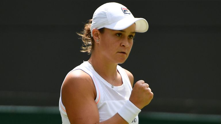 Ashleigh Barty celebrates beating China's Zheng Saisai during their women's singles first round match on the second day of the 2019 Wimbledon Championships at The All England Lawn Tennis Club in Wimbledon, southwest London, on July 2, 2019.