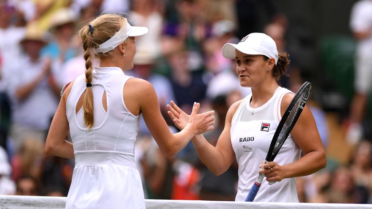 Ashleigh Barty of Australia embraces Harriet Dart of Great Britain following their in her Ladies' Singles third round match against Harriet Dart of Great Britain during Day six of The Championships - Wimbledon 2019 at All England Lawn Tennis and Croquet Club on July 06, 2019 in London, England.