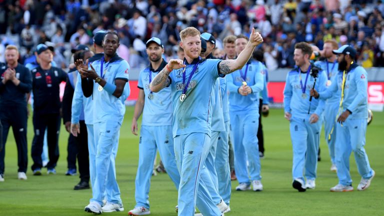 LONDON, ENGLAND - JULY 14: Ben Stokes of England acknowledges the crowd after victory during the Final of the ICC Cricket World Cup 2019 between New Zealand and England at Lord's Cricket Ground on July 14, 2019 in London, England. (Photo by Mike Hewitt/Getty Images)