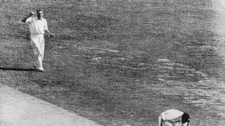 Bert Oldfield is hit on the head by Harold Larwood during Bodyline Ashes series in 1933