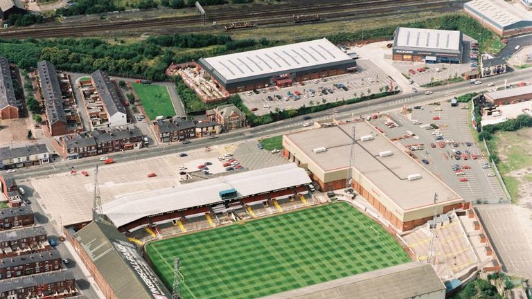 Burnden Park, Bolton, Greater Manchester, 1992. Aerial view of the former home of Bolton Wanderers Football Club. The Trotters moved to the Reebok Stadium in 1997. Bolton finished the 1991-1992 season in mid-table, but finished runners-up and were promoted from the third tier of English league football the following season.