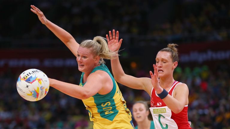 Caitlin Thwaites Of Australia and Kyra Jones of Wales compete for the ball during the 2015 Netball World Cup match between Australia and Wales at Allphones Arena on August 14, 2015 in Sydney, Australia. 
