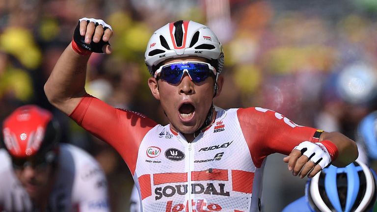 Caleb Ewan celebrates after winning stage 16 of the Tour de France 