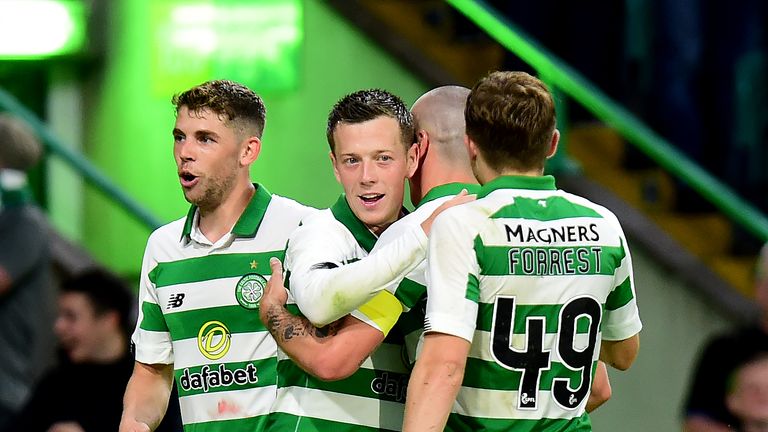 Callum McGregor celebrates after scoring for Celtic against Sarajevo