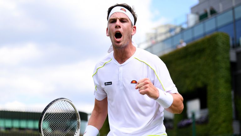 Cameron Norrie of Great Britain celebrates in his Men's Singles first round match against Denis Istomin of Uzbekistan during Day two of The Championships - Wimbledon 2019 at All England Lawn Tennis and Croquet Club on July 02, 2019 in London, England