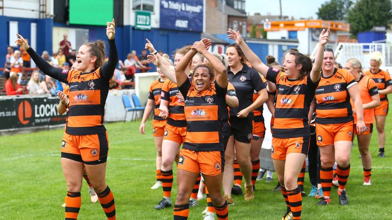 Picture by Ash Allen/SWpix.com - 07/07/2019 - Rugby League - Coral Women's Challenge Cup Semi Final - Wakefield Trinity v Castleford Tigers - The Mobile Rocket Stadium, Wakefield, England - Castleford Tigers celebrate victory.