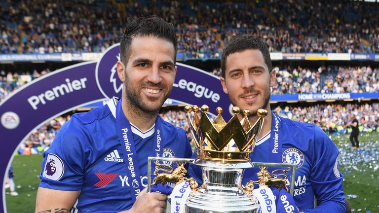 Cesc Fabregas and Eden Hazard pose with the Premier League trophy