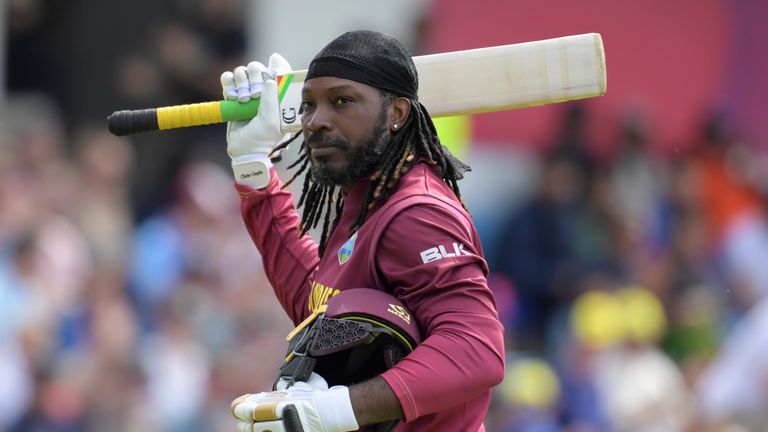 West Indies' Chris Gayle leaves the field after losing his wicket for seven runs