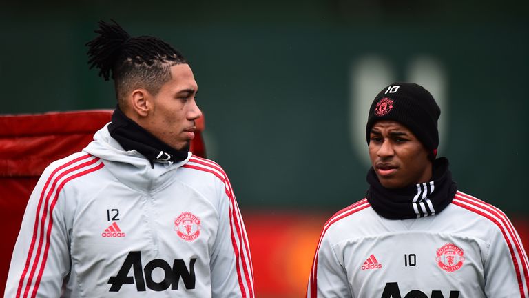 Chris Smalling and Marcus Rashford pictured at Manchester United training